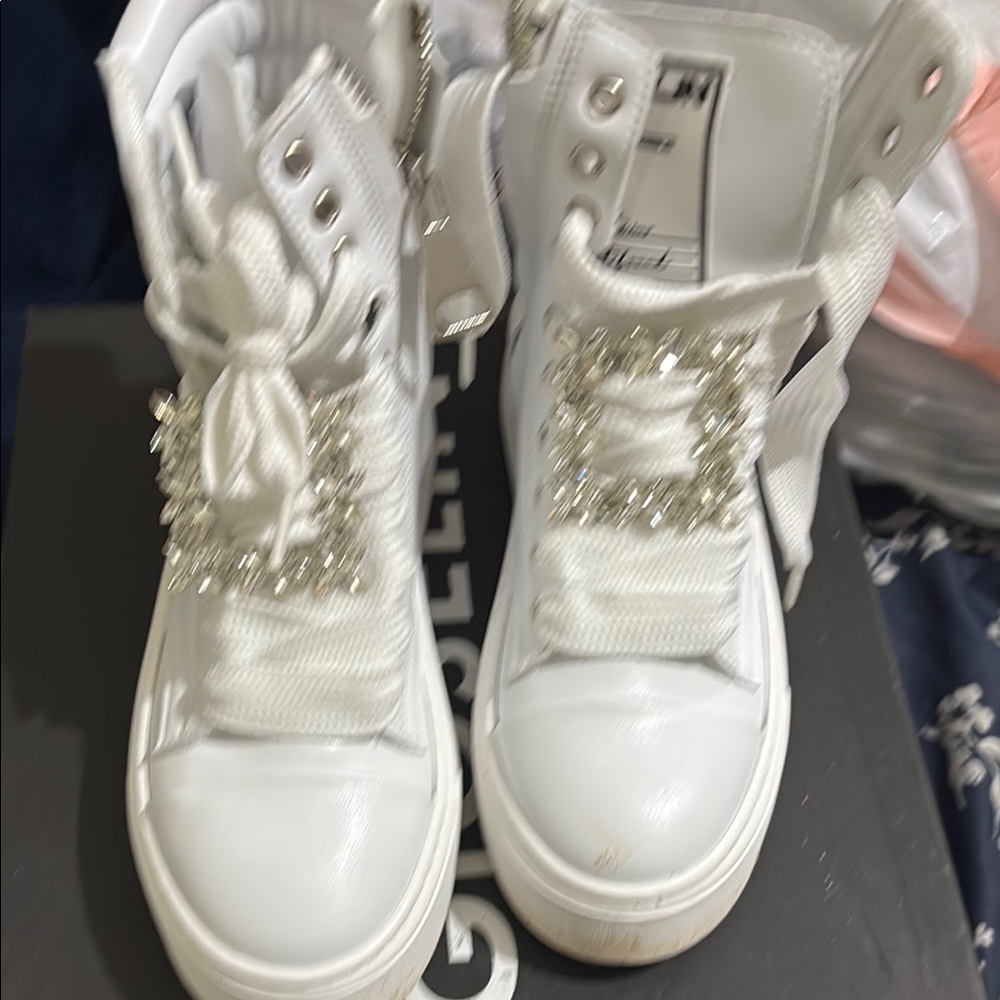 White High-Top Sneakers with Crystal Accents
